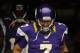 MINNEAPOLIS, MN - SEPTEMBER 9: Christian Ponder #7 of the Minnesota Vikings runs onto the field before the season opener against the Jacksonville Jaguars on September 9, 2012 at Mall of America Field at the Hubert H. Humphrey Metrodome in Minneapolis, Minnesota. (Photo by Hannah Foslien/Getty Images)