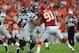 August 24, 2012; Kansas City, MO, USA; Kansas City Chiefs linebacker Tamba Hali (91) blocks Seattle Seahawks tight end Zach Miller (86) in the first half of the game at Arrowhead Stadium. Seattle won the game 44-14. Mandatory Credit: Denny Medley-US PRESSWIRE