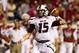 LITTLE ROCK, AR - SEPTEMBER 8: Kolton Browning #15 of the Louisiana-Monroe Warhawks throws a pass against the Arkansas Razorbacks at War Memorial Stadium on September 8, 2012 in Little Rock, Arkansas. The Warhawks defeated the Razorbacks 34-31. (Photo by Wesley Hitt/Getty Images)