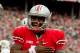 September 8, 2012; Columbus, OH, USA; Ohio State Buckeyes quarterback Braxton Miller (5) scores a touchdown against the UCF Knights at Ohio Stadium. Mandatory Credit: Greg Bartram-US PRESSWIRE