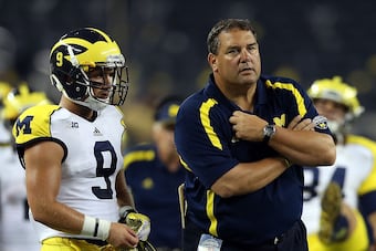 Michigan WR Drew Dileo (left) and coach Brady Hoke