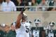 Sep 15, 2012; South Bend, IN, USA; Notre Dame Fighting Irish linebacker Manti Te'o (5) points to the sky after a sack against the Michigan State Spartans in the third quarter at Spartan Stadium. Mandatory Credit: Matt Cashore-US PRESSWIRE