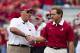 FAYETTEVILLE, AR - SEPTEMBER 15: Head Coach John L. Smith of the Arkansas Razorbacks shakes hands with Head Coach Nick Saban of the Alabama Crimson Tide before a game at Razorback Stadium on September 15, 2012 in Fayetteville, Arkansas. (Photo by Wesley Hitt/Getty Images)