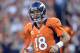 September 9 2012; Denver, CO, USA;Denver Broncos quarterback Peyton Manning (18) before the game against the Pittsburgh Steelers at Sports Authority Field. Mandatory Credit: Ron Chenoy-US PRESSWIRE