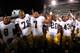 EAST LANSING, MI - SEPTEMBER 15: Stephon Tuitt #7, Cierre Wood #20, Ronnie Stanley #78, Josh Atkinson #43 and Kendall Moore #8 of the Notre Dame Fighting Irish celebrate a 20-3 victory over the Michigan State Spartans at Spartan Stadium Stadium on September 15, 2012 in East Lansing, Michigan. (Photo by Gregory Shamus/Getty Images)