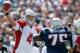 FOXBORO, MA - SEPTEMBER 16: Kevin Kolb #4 of the Arizona Cardinals feels the pressure of Vince Wilfork #75 of the New England Patriots in the first half during a game at Gillette Stadium on September 16, 2012 in Foxboro, Massachusetts. (Photo by Jim Rogash/Getty Images)