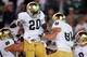 EAST LANSING, MI - SEPTEMBER 15: Cierre Wood #20 of the Notre Dame Fighting Irish celebrates with John Goodman #81 after Goodmans first quarter touchdown catch while playing the Michigan State Spartans at Spartan Stadium on September 15, 2012 in East Lansing, Michigan. (Photo by Gregory Shamus/Getty Images)