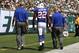 Sept 9, 2012; East Rutherford, NJ, USA; Buffalo Bills running back Fred Jackson (22) leaves the field after being injured during the first half at MetLife Stadium. He did not return. The Jets defeated the Bills 48-28. Mandatory Credit: Ed Mulholland-US PRESSWIRE