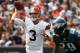 CLEVELAND, OH - SEPTEMBER 09: Quarterback Brandon Weeden #3 of the Cleveland Browns throws to a receiver over safety Nate Allen #29 of the Philadelphia Eagles during the season opener at Cleveland Browns Stadium on September 9, 2012 in Cleveland, Ohio. (Photo by Matt Sullivan/Getty Images)