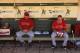 September 3, 2012; Oakland, CA, USA; Los Angeles Angels manager Mike Scioscia (14) sits in the dugout next to outfielder Mike Trout (27) before the start of the game against the Oakland Athletics at O.co Coliseum. Mandatory Credit: Cary Edmondson-US PRESSWIRE
