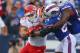 ORCHARD PARK, NY - SEPTEMBER 16: Peyton Hillis #40 of the Kansas City Chiefs carries the ball in an NFL game as Terrence McGee #24 of the Buffalo Bills tackles him at Ralph Wilson Stadium on September 16, 2012 in Orchard Park, New York. (Photo by Tom Szczerbowski/Getty Images)