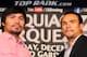 BEVERLY HILLS, CA - SEPTEMBER 17: (L-R) Manny Pacquiao and Juan Manuel Marquez stand onstage to face the media cameras during the Manny Pacquiao v Juan Manuel Marquez - Press Conference at Beverly Hills Hotel on September 17, 2012 in Beverly Hills, California. (Photo by Victor Decolongon/Getty Images)