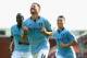STOKE ON TRENT, ENGLAND - SEPTEMBER 15: Javi Garcia of Manchester City celebrates scoring the equalising goal followed by Samir Nasri and Yaya Toure during the Barclays Premier League match between Stoke City and Manchester City at Britannia Stadium on September 15, 2012 in Stoke on Trent, England. (Photo by Laurence Griffiths/Getty Images)