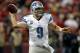 September 16, 2012; San Francisco, CA, USA; Detroit Lions quarterback Matthew Stafford (9) throws the ball against the San Francisco 49ers in the fourth quarter at Candlestick Park. The 49ers defeated the Lions 27-19. Mandatory Credit: Cary Edmondson-US PRESSWIRE