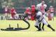 August 3, 2012; Tampa, FL, USA; Tampa Bay Buccaneers guard Davin Joseph (75) practices drills during training camp at One Buc Place. Mandatory Credit: Kim Klement-US PRESSWIRE