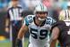 Sep 16, 2012; Charlotte, NC, USA Carolina Panthers outside linebacker Luke Kuechly (59) lines up against the New Orleans Saints during the second quarter at Bank of America Stadium. Mandatory Credit: Jeremy Brevard-US PRESSWIRE