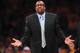 May 18, 2012; Los Angeles, CA, USA; Los Angeles Lakers head coach Mike Brown reacts to a foul call during the first half of game three of the Western Conference semifinals of the 2012 NBA Playoffs at Staples Center. Mandatory Credit: Gary A. Vasquez-US PRESSWIRE