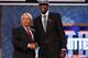 NEWARK, NJ - JUNE 28: Michael Kidd-Gilchrist (R) of the Kentucky Wildcats greets NBA Commissioner David Stern (L) after he was selected number two overall by the Charlotte Bobcats during the first round of the 2012 NBA Draft at Prudential Center on June 28, 2012 in Newark, New Jersey. NOTE TO USER: User expressly acknowledges and agrees that, by downloading and/or using this Photograph, user is consenting to the terms and conditions of the Getty Images License Agreement. (Photo by Elsa/Getty Images)