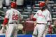 NEW YORK, NY - SEPTEMBER 19: Ryan Howard #6 of the Philadelphia Phillies celebrates a two run home run in the ninth inning with teammate Chase Utley against the New York Mets at Citi Field on September 19, 2012 in the Flushing neighborhood of the Queens borough of New York City. (Photo by Alex Trautwig/Getty Images)