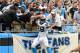 Sep 16, 2012; Charlotte, NC, USA; Carolina Panthers running back Jonathan Stewart (28) celebrates with fans after scoring in the second quarter at Bank of America Stadium . Mandatory Credit: Bob Donnan-US PRESSWIRE
