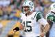 PITTSBURGH, PA - SEPTEMBER 16 : Tim Tebow #15 of the New York Jets reacts after running for a first down against the Pittsburgh Steelers on September 16, 2012 at Heinz Field in Pittsburgh, Pennsylvania. Pittsburgh won the game 27-10. (Photo by Joe Sargent/Getty Images)