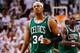 MIAMI, FL - JUNE 05: (L-R) Paul Pierce #34 and Kevin Garnett #5 of the Boston Celtics react late in the fourth quarter against the Miami Heat in Game Five of the Eastern Conference Finals in the 2012 NBA Playoffs on June 5, 2012 at American Airlines Arena in Miami, Florida. NOTE TO USER: User expressly acknowledges and agrees that, by downloading and or using this photograph, User is consenting to the terms and conditions of the Getty Images License Agreement. (Photo by Mike Ehrmann/Getty Images)