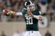 EAST LANSING, MI - SEPTEMBER 15: Andrew Maxwell #10 of the Michigan State Spartans throws a first quarter pass while playing the Notre Dame Fighting Irish at Spartan Stadium Stadium on September 15, 2012 in East Lansing, Michigan. (Photo by Gregory Shamus/Getty Images)
