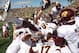 IOWA CITY, IA - SEPTEMBER 22: Defensive back Brandon Greer #35 of the Central Michigan Chippewas celebrates with teammates at the end of the game against the Iowa Haweyes on September 22, 2012 at Kinnick Stadium in Iowa City, Iowa. Central Michigan defeated Iowa 32-31. (Photo by Matthew Holst/Getty Images)
