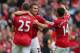 MANCHESTER, ENGLAND - SEPTEMBER 15: Nick Powell of Manchester United celebrates with Robin van Persie and Javier Hernandez after scoring the fourth goal during the Barclays Premier League match between Manchester United and Wigan Athletic at Old Trafford on September 15, 2012 in Manchester, England. (Photo by Alex Livesey/Getty Images)