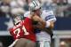 ARLINGTON, TX - SEPTEMBER 23: Tony Romo #9 of the Dallas Cowboys fumbles the ball after being hit by Michael Bennett #71 of the Tampa Bay Buccaneers at Cowboys Stadium on September 23, 2012 in Arlington, Texas. The Dallas Cowboys beat the Tampa Bay Buccaneers 16-10. (Photo by Tom Pennington/Getty Images)