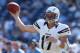 SAN DIEGO, CA - SEPTEMBER 23: Quarterback Philip Rivers #17 of the San Diego Chargers drops back to pass against the Atlanta Falcons in the fourth quarter at Qualcomm Stadium on September 23, 2012 in San Diego, California. The Falcons defeated the Chargers 27-3. (Photo by Jeff Gross/Getty Images)