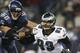 SEATTLE, WA - DECEMBER 1: Jason Babin #93 of the Philadelphia Eagles is blocked by Breno Giacomini #68 of the Seattle Seahawks at CenturyLink Field December 1, 2011 in Seattle, Washington. Seattle won 31-24. (Photo by Jay Drowns/Getty Images)