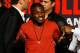 LAS VEGAS - APRIL 30: Boxer Andre Berto reacts to the crowd from the stage before the start of the Floyd Mayweather Jr. and Shane Mosley weigh-in at the MGM Grand Garden Arena on April 30, 2010 in Las Vegas, Nevada. Mayweather and Mosley will meet in a 12-round welterweight bout on May 1, 2010 in Las Vegas. (Photo by Ethan Miller/Getty Images)