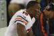 GREEN BAY, WI - SEPTEMBER 13: Brandon Marshall #15 of the Chicago Bears sits on the bench near the end of a game against the Green Bay Packers at Lambeau Field on September 13, 2012 in Green Bay, Wisconsin. The Packers defeated the Bears 23-10. (Photo by Jonathan Daniel/Getty Images)