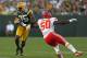 GREEN BAY, WI - AUGUST 30: Greg Jennings #85 of the Green Bay Packers moves around Justin Houston #50 of the Kansas City Chiefs during a preseason game at Lambeau Field on August 30, 2012 in Green Bay, Wisconsin. (Photo by Jonathan Daniel/Getty Images)