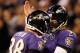 BALTIMORE, MD - SEPTEMBER 23: Dennis Pitta #88 and quarterback Joe Flacco #5 of the Baltimore Ravens celebrate after they connected for a touchdown against the New England Patriots at M&T Bank Stadium on September 23, 2012 in Baltimore, Maryland. (Photo by Rob Carr/Getty Images)