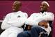 LONDON, ENGLAND - JULY 29: Kobe Bryant #10 and LeBron James #6 of the United States smile while on the bench against France in the Men's Basketball Game on Day 2 of the London 2012 Olympic Games at the Basketball Arena on July 29, 2012 in London, England. (Photo by Jamie Squire/Getty Images)