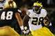 SOUTH BEND, IN - SEPTEMBER 22: Running back Fitzgerald Toussaint #28 of the Michigan Wolverines runs against linebacker Dan Fox #48 of the Notre Dame Fighting Irish in the third quarter at Notre Dame Stadium on September 22, 2012 in South Bend, Indiana. (Photo by Jonathan Daniel/Getty Images)