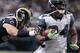 ST. LOUIS, MO - NOVEMBER 20: Seattle Seahawks running back Marshawn Lynch #24 is tackled by St. Louis Rams linebacker James Laurinaitis #55 in the second half of the game November 20, 2011 at the Edward Jones Dome in St. Louis, Missouri. (Photo by Whitney Curtis/Getty Images)