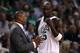 BOSTON - JUNE 08: Head coach Doc Rivers and Kevin Garnett #5 of the Boston Celtics talk during a stop in play against the Los Angeles Lakers in Game Three of the 2010 NBA Finals on June 8, 2010 at TD Garden in Boston, Massachusetts. NOTE TO USER: User expressly acknowledges and agrees that, by downloading and/or using this Photograph, user is consenting to the terms and conditions of the Getty Images License Agreement. (Photo by Elsa/Getty Images)