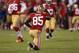 SAN FRANCISCO, CA - SEPTEMBER 16: Vernon Davis #85 of the San Francisco 49ers celebrates after scoring a touchdown against the Detroit Lions at Candlestick Park on September 16, 2012 in San Francisco, California. (Photo by Ezra Shaw/Getty Images)