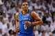 MIAMI, FL - JUNE 21: Russell Westbrook #0 of the Oklahoma City Thunder runs up court against the Miami Heat in Game Five of the 2012 NBA Finals on June 21, 2012 at American Airlines Arena in Miami, Florida. NOTE TO USER: User expressly acknowledges and agrees that, by downloading and or using this photograph, User is consenting to the terms and conditions of the Getty Images License Agreement. (Photo by Ronald Martinez/Getty Images)