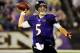 September 27, 2012;Baltimore, MD, USA; Baltimore Ravens quarterback Joe Flacco (5) throws a pass during the game against the Cleveland Browns at M&T Bank Stadium. Mandatory Credit: Evan Habeeb-US PRESSWIRE