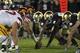 SOUTH BEND, IN - OCTOBER 22: Members of the Notre Dame Fighting Irish defense line up against the offense of the University of Southern California Trojans at Notre Dame Stadium on October 22, 2011 in South Bend, Indiana. USC defeated Notre Dame 31-17. (Photo by Jonathan Daniel/Getty Images)