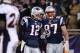 FOXBORO, MA - JANUARY 14: (L-R) Tom Brady #12 and Rob Gronkowski #87 of the New England Patriots celebrate after Gronkowski caught a 10-yard touchdown reception from Brady in the first quarter against the Denver Broncos during their AFC Divisional Playoff Game at Gillette Stadium on January 14, 2012 in Foxboro, Massachusetts. (Photo by Elsa/Getty Images)