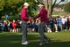 MEDINAH, IL - SEPTEMBER 29: Justin Rose and Ian Poulter of Europe shake hands on a green during day two of the Morning Foursome Matches for The 39th Ryder Cup at Medinah Country Club on September 29, 2012 in Medinah, Illinois. (Photo by Mike Ehrmann/Getty Images)