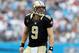 CHARLOTTE, NC - SEPTEMBER 16: Drew Brees #9 of the New Orleans Saints during their game at Bank of America Stadium on September 16, 2012 in Charlotte, North Carolina. (Photo by Streeter Lecka/Getty Images)