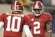 Sep 1, 2012; Arlington, TX, USA; Alabama Crimson Tide quarterback A J McCarron (10) congratulates wide receiver DeAndrew White (2) after he scored a touchdown during the first quarter of the game against the MIchigan Wolverines at Cowboys Stadium. Mandatory Credit: Tim Heitman-US PRESSWIRE