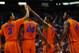 March 22, 2012; Phoenix, AZ, USA; Florida Gators guard Mike Rosario (3) celebrates with guard/forward Casey Prather (24), guard Kenny Boynton (1), and forward/center Patric Young (4) during the first half in the semifinals of the west region of the 2012 NCAA men's basketball tournament against the Marquette Golden Eagles at US Airways Center. Mandatory Credit: Christopher Hanewickel-US PRESSWIRE