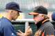 BALTIMORE, MD - MAY 18: Manager Joe Girardi #28 of the New York Yankees talks with Manager Buck Showalter #26 of the Baltimore Orioles before the game at Oriole Park at Camden Yards on May 18, 2011 in Baltimore, Maryland. (Photo by Greg Fiume/Getty Images)